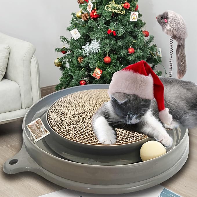 AUOON Cat Scratcher Toy with Ball Track for Indoor Cats and Kittens, Gray | 3 in 1 Interactive Cat Toy, Cat Scratch Pad with Cat Ball Toy and Cat Mouse Toy, for Chasing Exercise, Protect Furniture