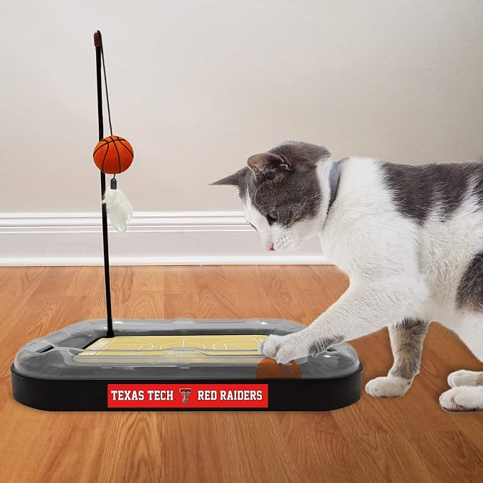 Pets First Cat Scratch Toy NCAA Texas TECH Red Raiders Reversible Basketball Court Felt/Cardboard Toy. Bell Tracks. 6-in-1 CAT Toy: Cat Wand Poll Catnip-Filled Plush Basketball (TT-5017-BB)