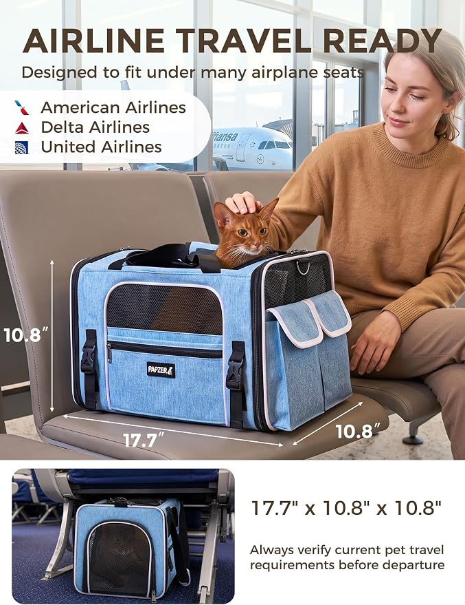 Soft Sided Pet Carrier, Travel Friendly, Small to Medium Cats 15 lbs | Seatbelt Buckles, Luggage Sleeve, Foldable Ventilated, Delta United American Airlines In-Cabin Under Seat Dog Crate Carry Bag