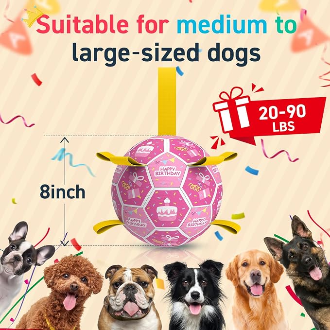 QDAN Dog Birthday Toys, Puppy Gifts, Dog Soccer Ball with Straps, Pink | 8 Inch Outdoor Herding Balls for 30-90 lbs Dogs, Interactive Training Soccer Toy for Tug of War, Dog Ball to Keep Them Busy