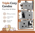 Heybly Cat Tree, 74-Inch Streamlined Cat Tower for Large Cats HCT061W | Cat Furniture with 3-Tier Stacked Condos, Large Perch, Sturdy Base, Full Sisal Scratching Posts & Ramp, Light Gray
