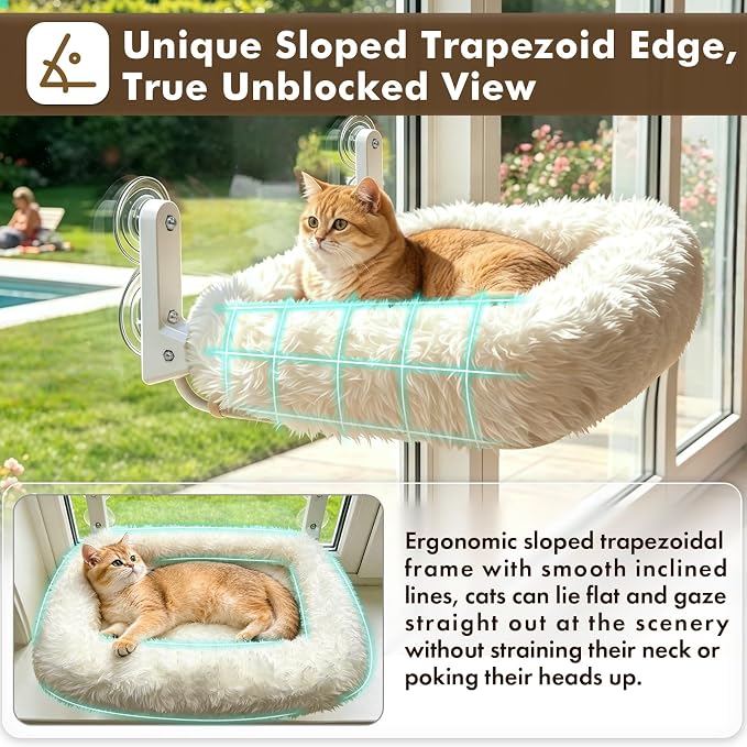 Zoratoo Extra-Thick Cushion Cat Window Perch, Foldable Cat Bed, White | Fluffy Long-pile Bolster, Machine Washable, Cordless Pet Hammock with Sturdy Metal Frame for Cats of All Breed