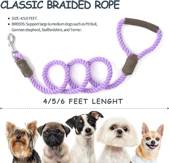 Mile High Life Dog Leash Braided Cotton Rope w/Leather-Wrapped Ends/Handle | Rust-proof 360° swivel clasp, Heavy-duty for medium/large breeds. Great for weddings, daily walks (4 FT, 1/2", Purple)