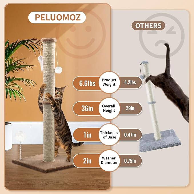 36'' Tall Cat Scratching Post, Large Sisal Scratch Post for Indoor Cats, Sturdy Cat Scratcher Tower, Vertical Cat Scratch Pole, Modern Cat Furniture for Kittens & Adult Cats (Brown)