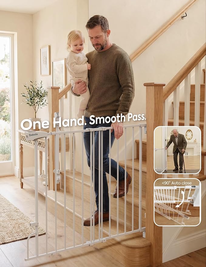 Babelio Removable & No Bottom Bar Baby Gate, 35.5-55" Hardware Mounted (Drill Needed)| Wide Walk-Thru| Auto-Close Safety Dog/Pet Gate for Stairs & Doorways (White, 35.5-55" W, 30" H) | Hardware Mounted (Drill Needed)| Wide Walk-Thru| Auto-Close Safety ...