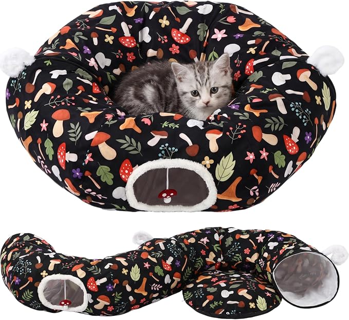 Aliceset Mushroom Spring Cat Tunnel Bed for Indoor Cats 3ft x 3ft x 10in Foldable Cat Donut Tunnel with Washable Cushion Mushroom Pet Peekaboo Cave Toy for Small Kitten Kitty