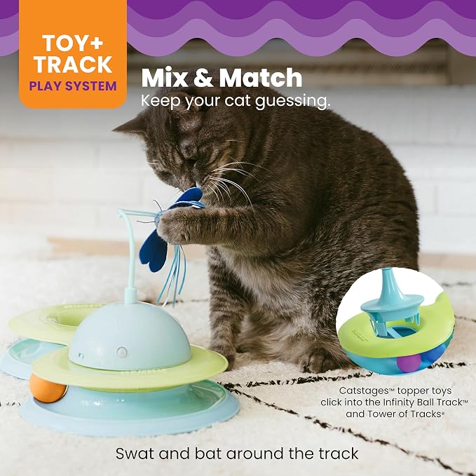 Catstages Infinity Ball Track for Cats with Two Balls, Including One Light-Up Ball, Figure-8 Shaped Cat Ball Track Compatible Topper Toys, Green