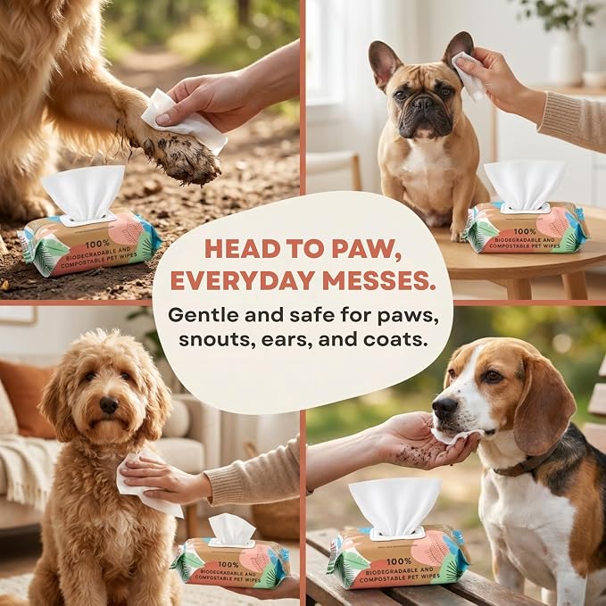 Eco Wave Hypoallergenic Plant-Based Pet Wipes, Dog and Cat Grooming Wipes for Face, Ears, Body, Butt, and Paws, Fragrance Free, Compostable, 400 Count