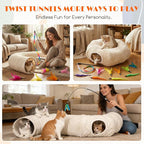 Cat Tunnel Bed with Interactive Cat Toys – 31.5" Large Collapsible Play Tunnels for Indoor Cats, Soft Plush Washable Hide & Seek Tube, Perfect for Small to Large Kittens and Adult Cats (White)