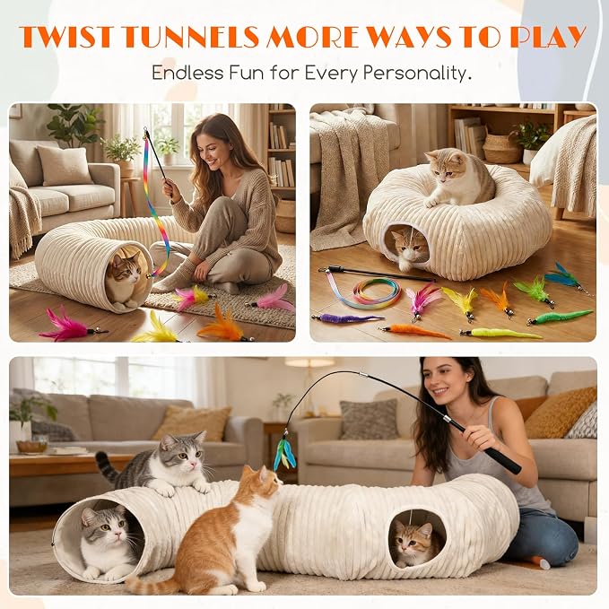 Cat Tunnel Bed with Interactive Cat Toys – 31.5" Large Collapsible Play Tunnels for Indoor Cats, Soft Plush Washable Hide & Seek Tube, Perfect for Small to Large Kittens and Adult Cats (White)