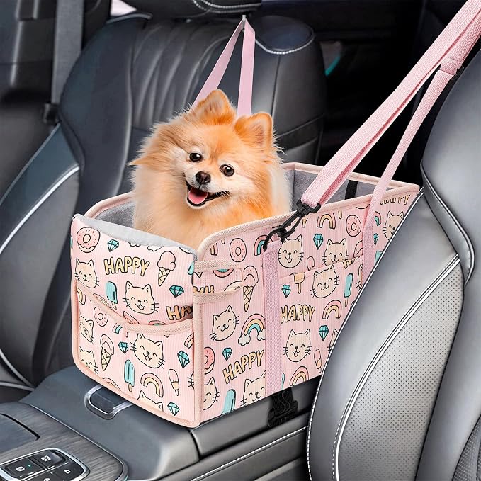Console Dog Car Seat - Portable Dogs Armrest Booster Seat for Small Dog, Foldable Pet Car Seat with Safety Belt, Pink Kitten