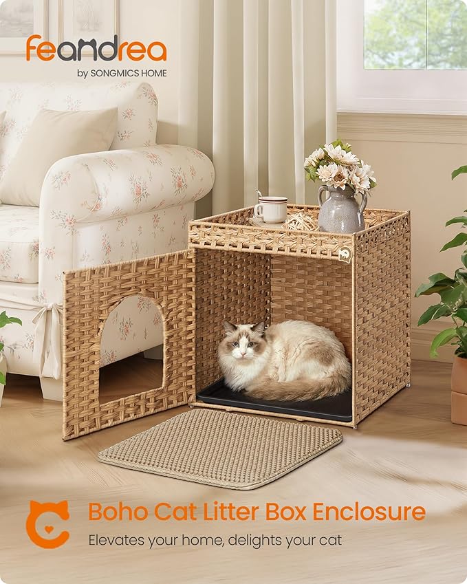 Feandrea Cat Litter Box Enclosure, Handwoven Rattan Hidden Furniture | Extra Mat, Removable Washable Tray, Boho Cat House, End Table, Goose Yellow UPCL024YE01