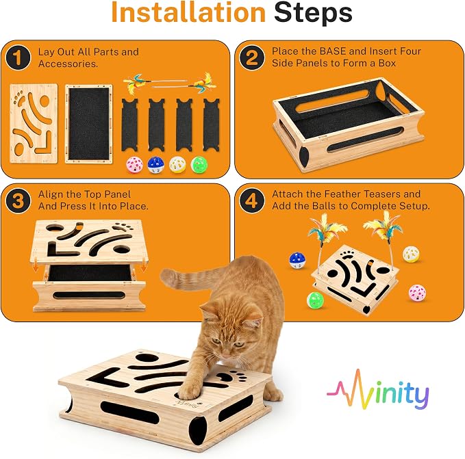 Cat Nail File Box – XL Wooden Cat Scratch Box with Built-in Nail Filing Pad, Interactive Puzzle Toy with 4 Bell Balls & 2 Feather Teasers, Claw Saver Box for Indoor Cats & Kittens