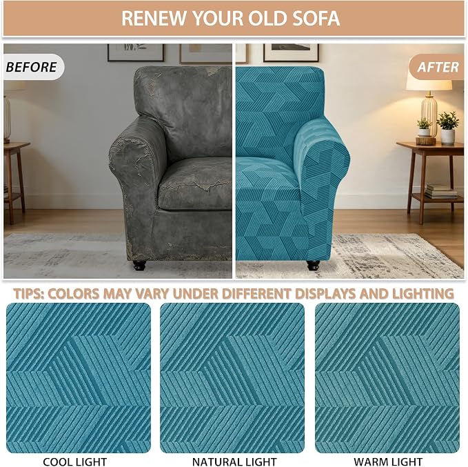 ZNSAYOTX Stretch Armchair Covers for, 1-Piece Chair Slipcovers for Living Room, Furniture Protector with Elastic Bottom for Dogs Cats Kids Geometrical Jacquard Fabric (Small, Peacock Blue)