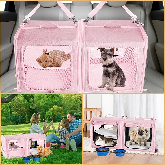 Extra Large Cat Carrier for 2 Cats with Travel Litter Box, 2-in-1 Foldable Soft Pet Car Travel Carrier with Zipper Locks for Multiple Cats Small Dogs Up to 45 Lbs, Pink
