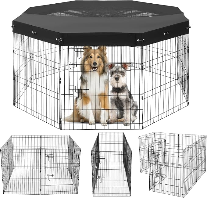VEVOR Dog Playpen, 8 Pcs 30"H x 24"W Panels Foldable Metal Pet Exercise Pen, Dog Fence Indoor and Outdoor Pen with Door, 600D Oxford Fabric Top Cover, Pet Playpen for Dogs, Cats, Other Small Animals