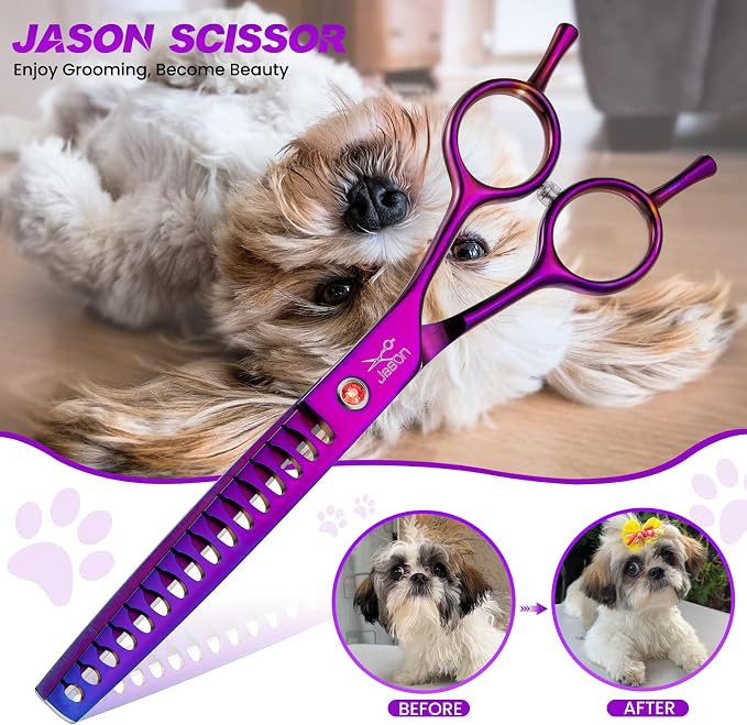JASON Dog Grooming Chunker Scissor - 7" Professional Hair Shears Purple | Ergonomic Handle Japanese Stainless Steel, for Dogs, Cats and Other Pets, Sharp, Gift