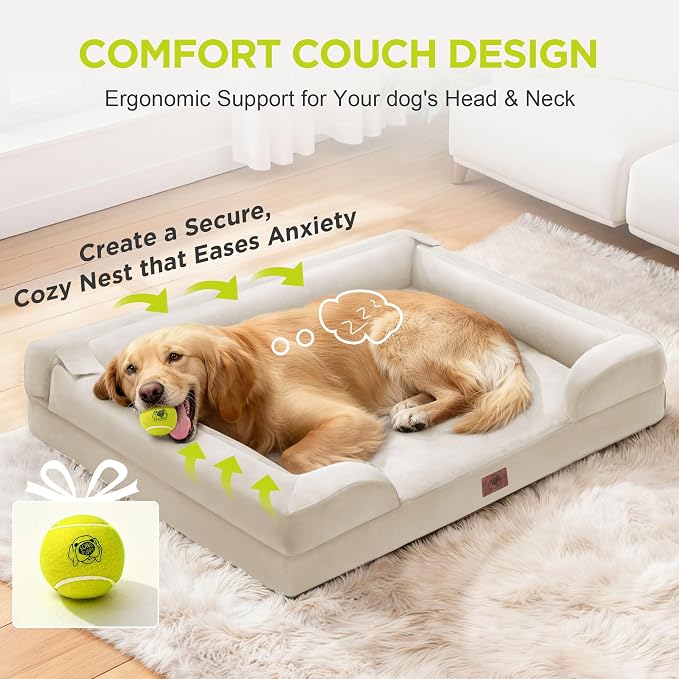 Waterproof Orthopedic Dog Bed for Medium Large Sized Dogs | Memory Foam Pet Bed Sofa with Bolster, Dog Couch with Washable Cover & Non-Slip Bottom, 36x27 Inch, Beige