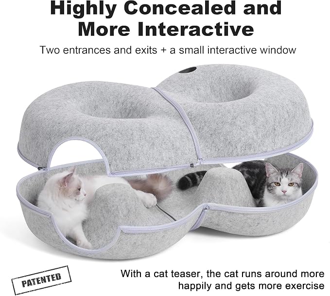 8-Shaped Large Cat Tunnel Bed for Indoor Cats, Infinite Circulation Peekaboo Cat Cave with 12 Toy Balls, Cat Donut Tunnel for Cats up to 30 Pounds (Light Grey, L 38x24x11in)