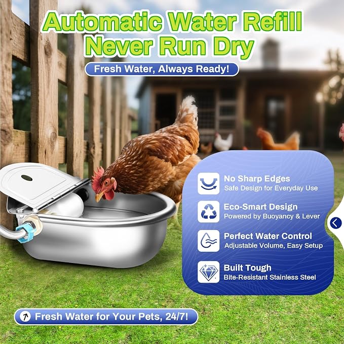 Automatic Animal Drinking Water Bowl with Float Valve, Extended Pipe & Drain Hole,3L Stainless Steel Waterer Feeder Farm Dog Dispenser Kit Self Filling for Livestock Horse Goat Water Trough