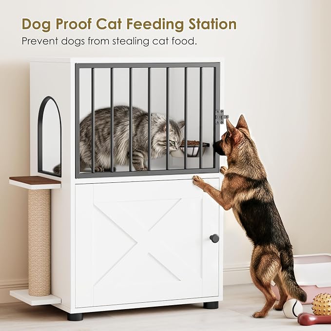 Cat Feeding Station, Dog Proof Cat Feeding Station with Scratching Post, Elevated Food Bowls with Stand, Cats Tree with Food Storage for Small Spaces, Pet House Furniture (White)