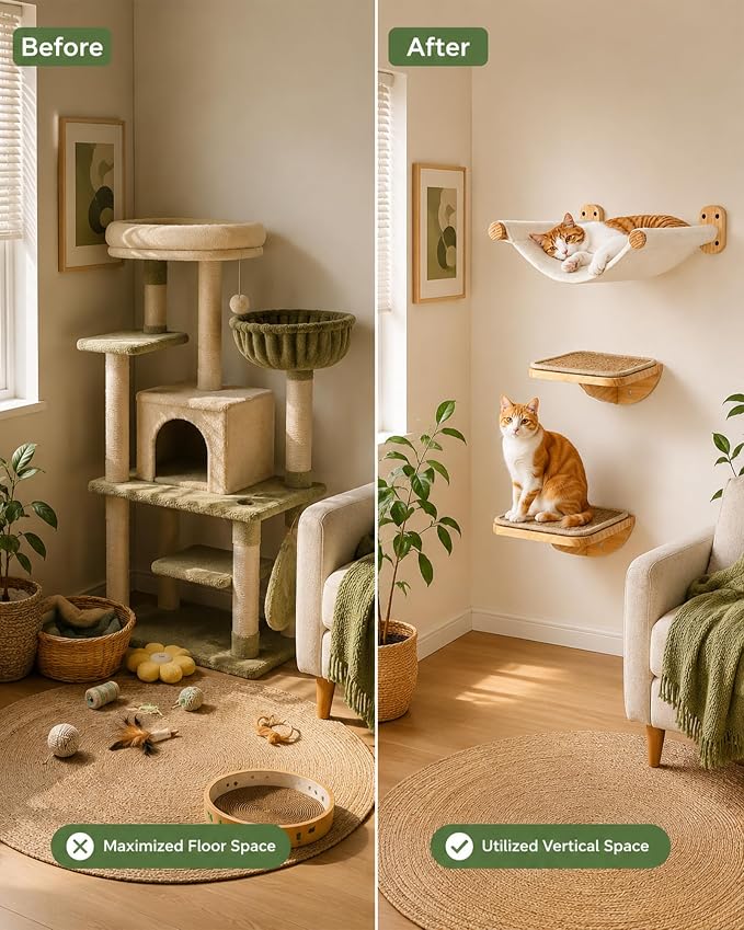Cat Wall Shelves Set with Hammock and 2 Solid Wood Sisal Steps | 3-piece cat wall set includes 1 reversible canvas-plush hammock and 2 solid wood steps with removable sisal mats