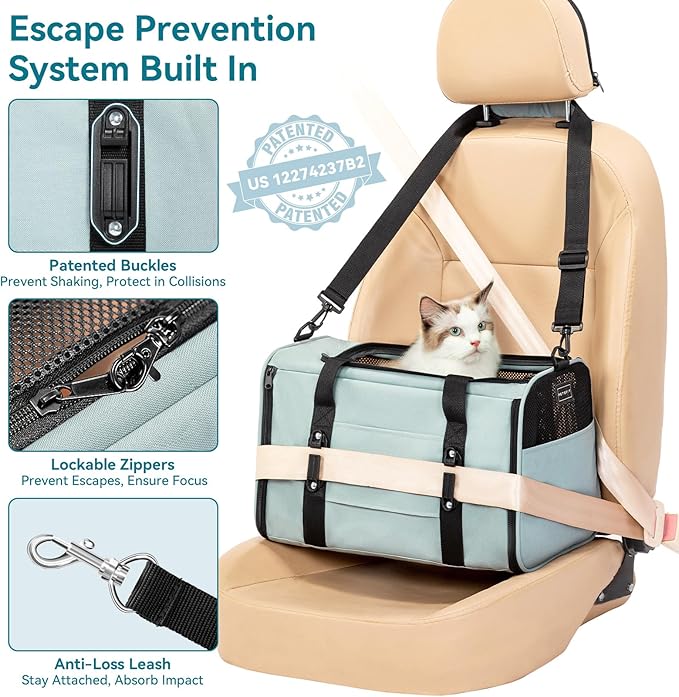 PETSFIT Cat Carrier Soft with Patented Safety Buckles, Safe for Car Travel | Lockable Zippers, Safety Tether, Escape-Resistant Pet Carrier for Vet Visits, Airline Approved Under-Seat, Up to 12 lbs