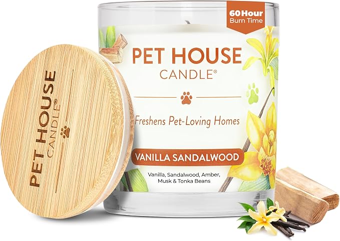 Pet House Candle Plant-Based/Soy - Clean Burning Scented, Long Lasting Pet Odor Candle for Home - Vanilla Sandalwood