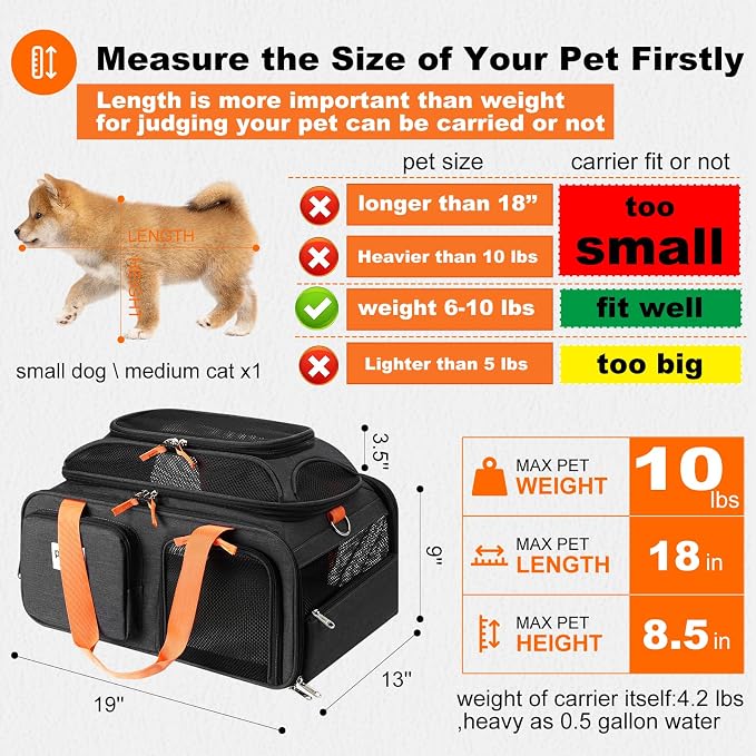 pidipiti 19x13x9 top Expandable pet Carrier, for Small Dog/cat up to 10 lbs | TSA Approved,with 2 pockets,zipper lock,leakproof,good Visibility,for Southwest Lufthansa Airlines,Air Canada,Amtrak Train