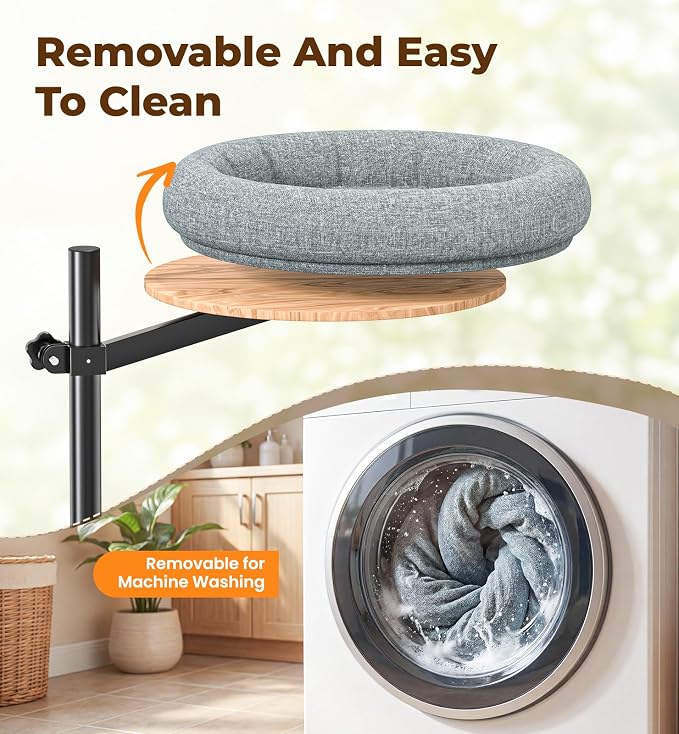 Cat Bed for Desk, 360° Rotating Adjustable Cat Perch, 44 lb, Home Office | Desk mount cat hammock, no-drill G-clamp, faux linen, washable cover, fits desktops up to 2.3 in, space saver, gray