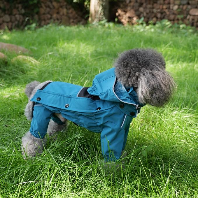 LOVELONGLONG Waterproof Dog Raincoat with Removable Hood – Outdoor Full Body Dog Jacket, Windproof Snowproof Shell Suit – All Season Pet Rain Gear Ocean Teal S
