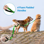 PetBonus Double Dog Leash, No Tangle Dual Leash, Walking Training Lead | 4 Comfortable Padded Handles, Adjustable, Reflective, For Two Large Medium Dogs, Collapsible Bowl and Waste Bags, Grass Green