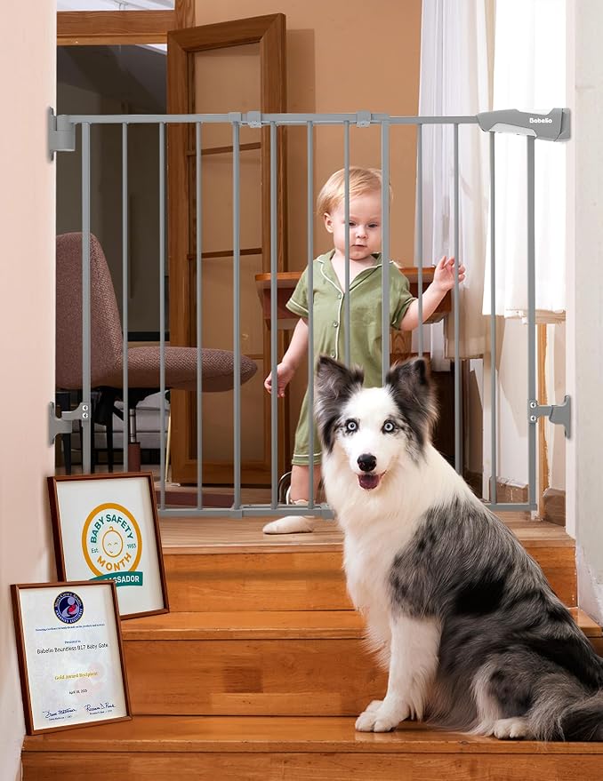 Babelio 31.5-55" Extra Wide No Bottom Bar Baby Gate, 28" H, Grey | Easy Install| One-handed Opening| Auto-close| Drill Needed Indoor Safety Dog/Pet Gate for Stairs, Hallways & Doorways