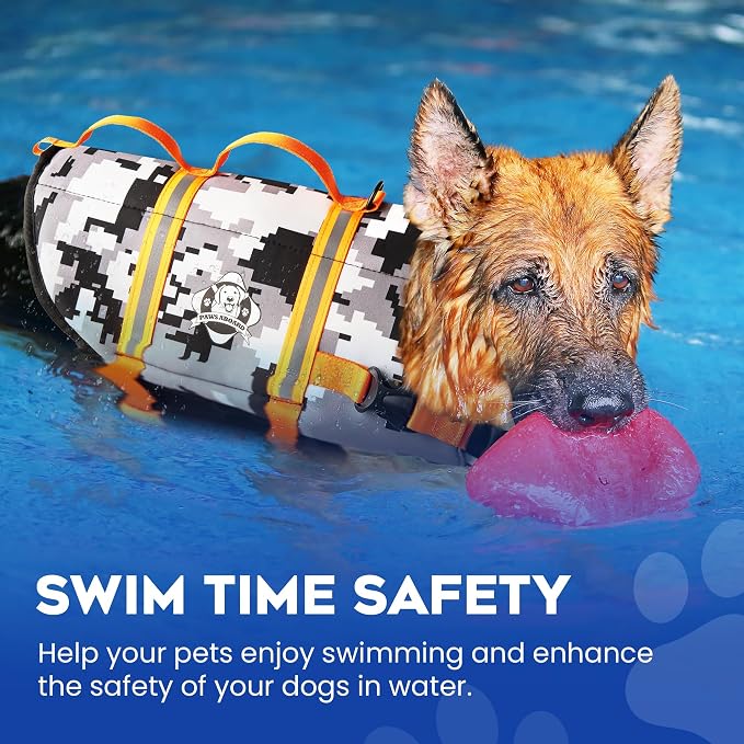 Dog Life Jacket — Premium Swim Vest with SafeChin Anti-Choke Collar | PAWS Aboard Grey Camo | RapidLift Rescue Handle, D-Ring, Reflective Trim | Boating, Kayaking, Pool | Large (50–80 lbs)