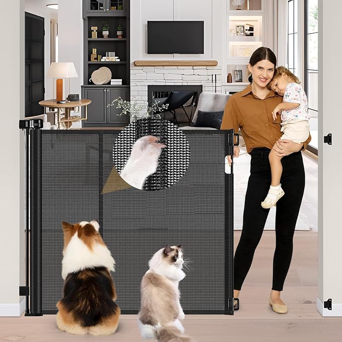 Reinforced 42" Tall Pet Gate 55" Wide Retractable Baby Gate, Indoor/Outdoor | Tall Retractable Dog Gate Prevents Crawling Under, One-Hand Operation Safety Lock, Scratch-Resistant Mesh, Easy Install/Black