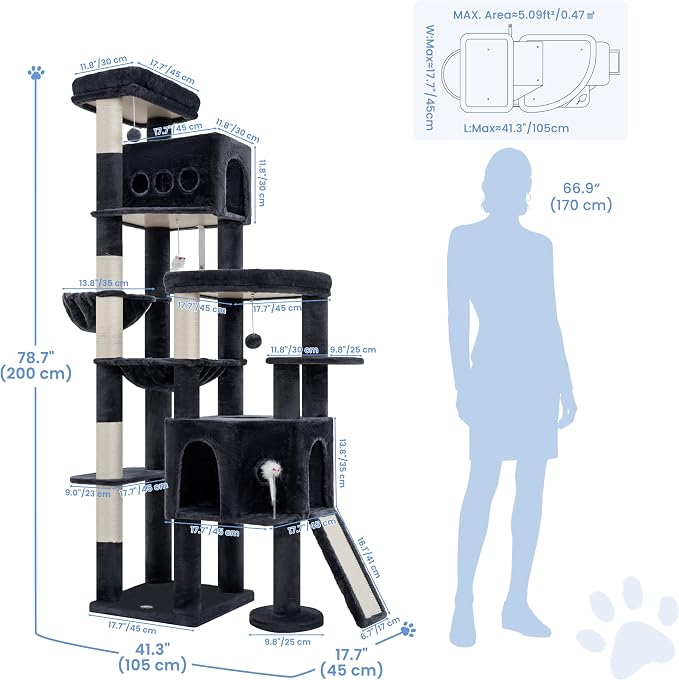 Cat Tree, 78.7" Tall Heavy Duty Cat Tower for Indoor Cats VCT033G | Cat Furniture with Sturdy Structure, Spacious Condo, Cozy Top Perch & Scratching Posts, Hammock, Smoky Gray