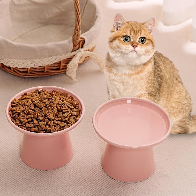 Ceramic Elevated Cat Bowls - 6.2 Inch Extra Wide Raised Cat Food and Water Bowl Set for Indoor Cats, Whisker-Friendly Ceramic Cat Dish for Elder Big Cats & Small Dogs,Pink,4 Pack