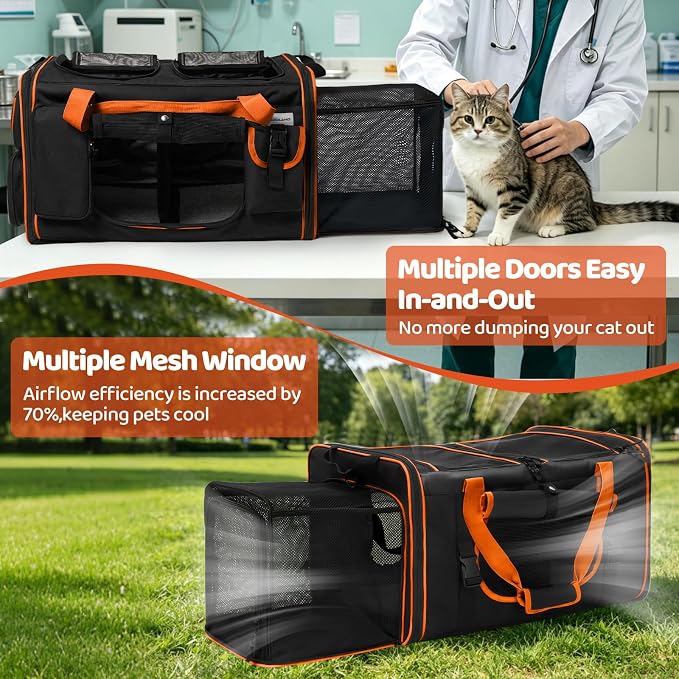 Expandable Extra Large Cat Carrier for 2 Cats with Litter Box for Kitten, Large Cat Small Dog Pet - Collapsible Double Cat Large Pet Carrier for Car Travel Outdoor Camping
