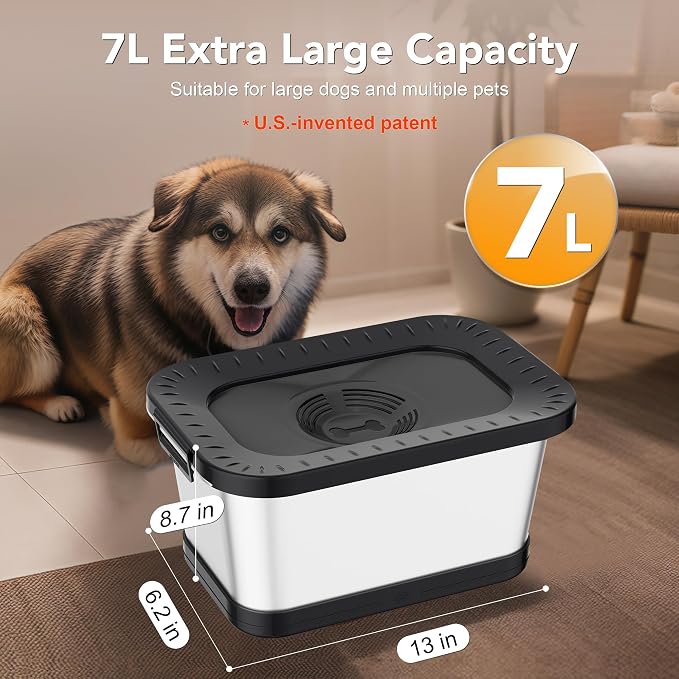 Decflow 7L Stainless Steel Dog Water Bowl, No Spill Anti-Splash Dog Bowls with Anti-Skid Mat, Spill-Proof Slow Feeder for Messy Drinkers, Heavy Duty Pet Bowls for Indoor/Outdoor Use Black