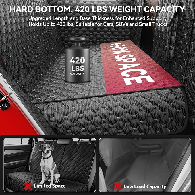 DIAMOOKY Hard Bottom Dog Car Seat Cover for Cars SUVs & Small Trucks | One-Piece Hard Bottom, 420-LB Capacity, Waterproof, Door & Headrest Protector, Pet Bed Dog Hammock, Not for 3-Row Seats