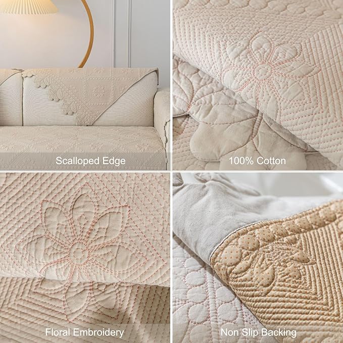 Cotton Quilted Dog Couch Cover for Sofa Farmhouse Rustic Embroidery Sectional Couch Cover Soft Anti-Slip Sofa Slipcover Furniture Protector for Kids, Pets (Khaki,28"x59")