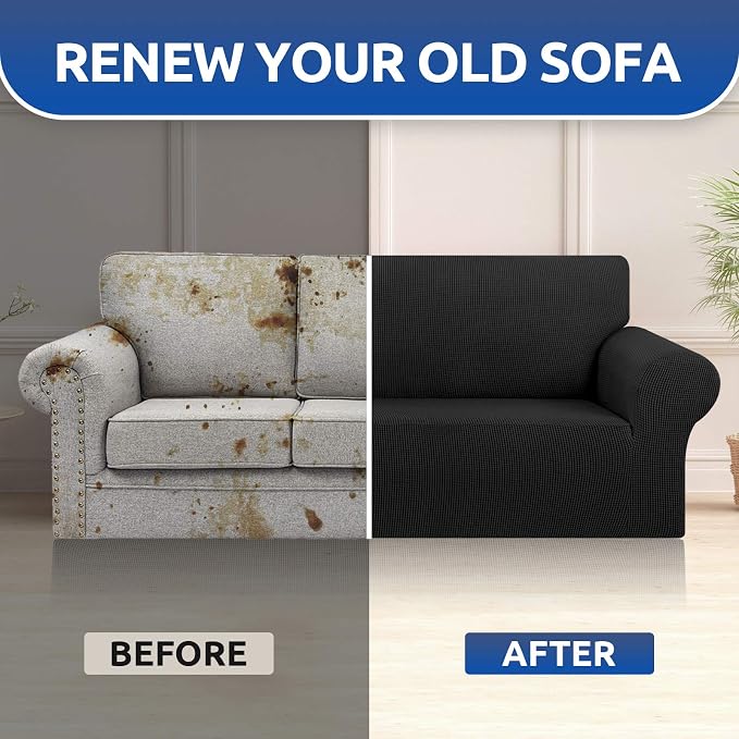Stretch Oversized Couch Covers for Sofa Slipcover,Black | 1-Piece Washable Sofa Cover (94"-110") 4-Seater Furniture Protector, Soft Jacquard Non-Slip Elastic Bottom for Dogs & Kids