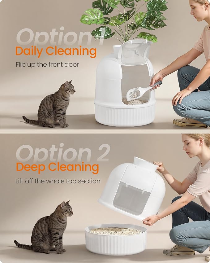 Feandrea Plant Cat Litter Box Enclosure with Artificial Plant, Enclosed Hidden Litter Box Furniture with Door, Carbon Filter, Odor Control, Pebbles, Scoop, Brush, Cloud White UPPT006W101
