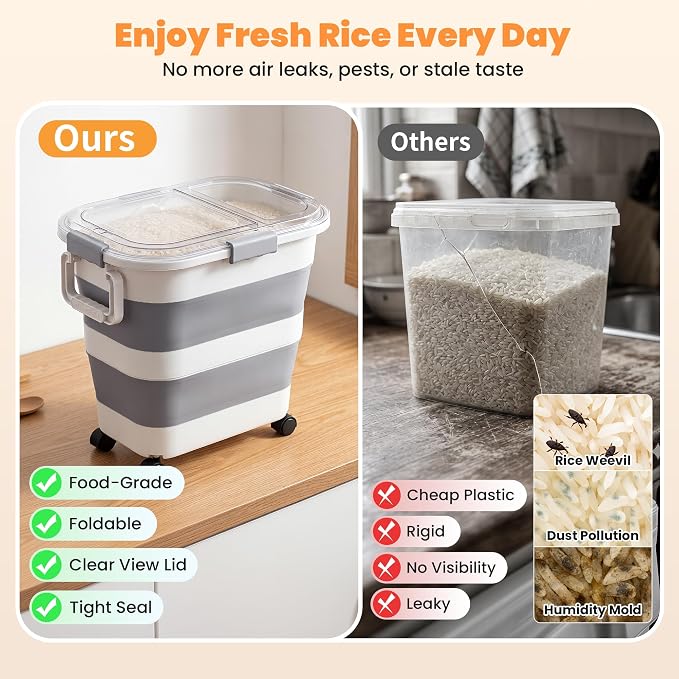 30 Lbs Rice Container, Collapsible Dog Food Storage Container | Airtight Cat Food Container with Wheels, Transparent Lid, Measuring Cup, Scoop and Handle, BPA Free for Pet Food, Bird Seed