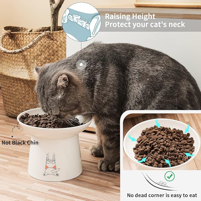 6.5 Inch Ceramic Raised Cat Bowls, Extra Wide Elevated Cat Food Water Bowl | Prevent Neck, Whisker Fatigue, Anti Vomit, for Elder Big Cats & Small Dogs, Dishwasher and Microwave Safe, White