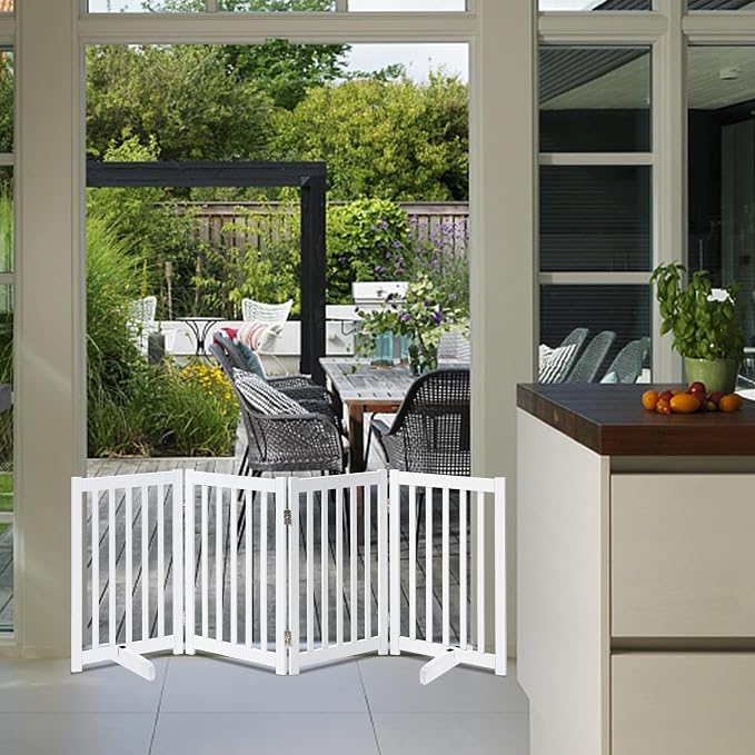 LZRS Freestanding Extra Wide Dog Gate 80" W x 30" H Solid Wooden Pet Gate for Doorways, Stairs, Hallways,Kitchens& Long Areas, Expandable & Foldable with Support Feet,Indoor Use,White
