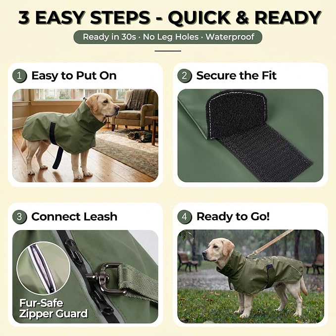 PU Dog Raincoat, Non-Toxic & Odorless Waterproof Vest, Adjustable High Neck and Hook & Loop Belly Closure for Rainy Potty Breaks & Wet Weather Outdoor Walks (Olive Green, XXX-Large)