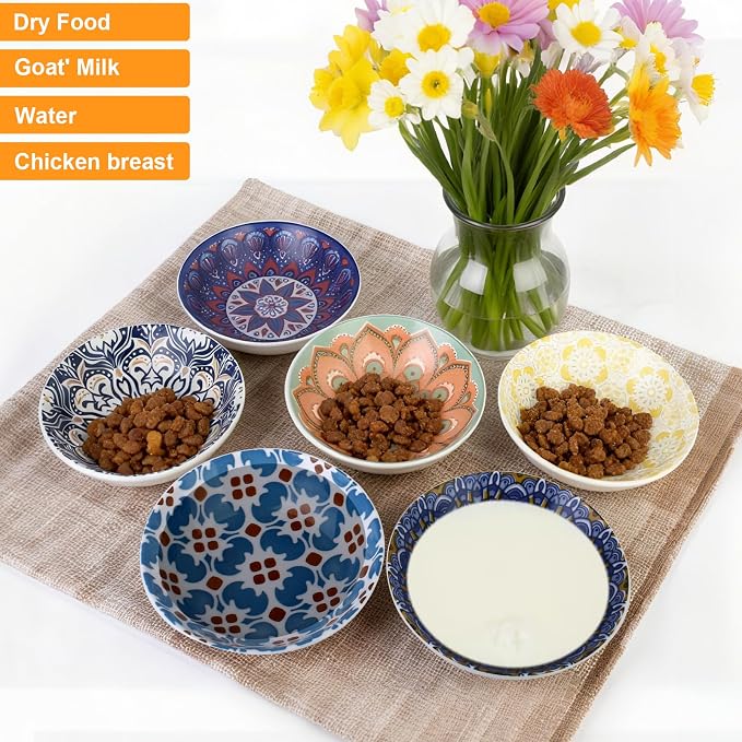 Ceramic Cat Food Bowls, 6 Pack 5.7-in Non-Slip Cat Dishes for Food, Water | Food-Safe Ceramic, Shallow Whisker-Friendly Plates For Wet Meals, Kibble, Multi-Cat Homes, Dishwasher And Microwave Safe