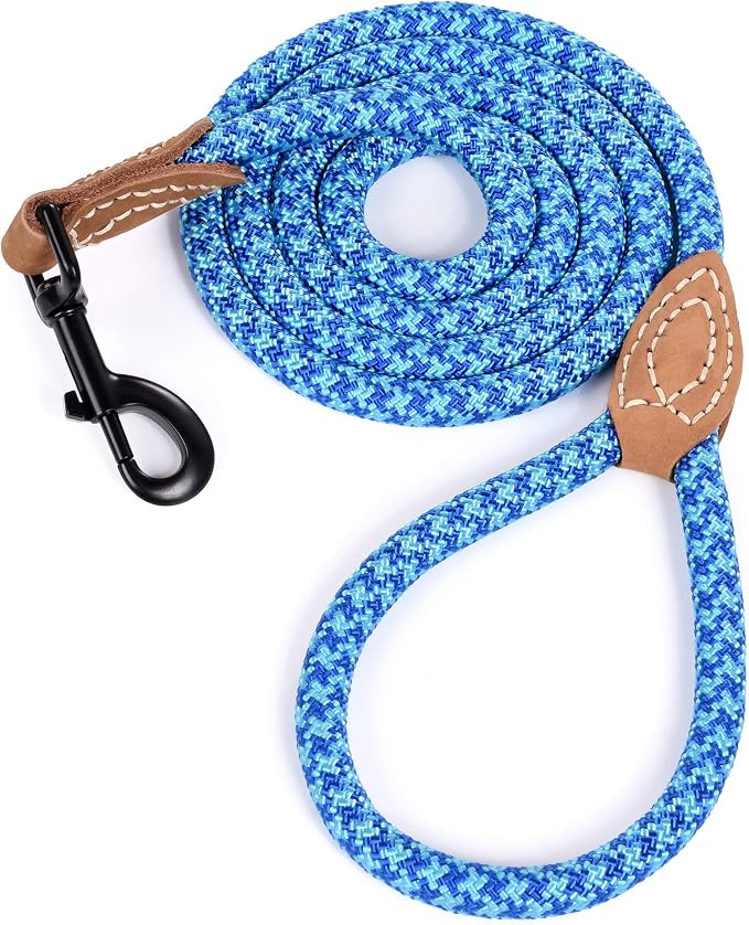 Mile High Life Dog Leash with Genuine Leather Connection, 6 FT/5 FT/4 FT | Rope Leash, Heavy Duty 360° Swivel Metal Clasp, for Small Medium & Large Dogs (Sky Blue, 60 Inch)