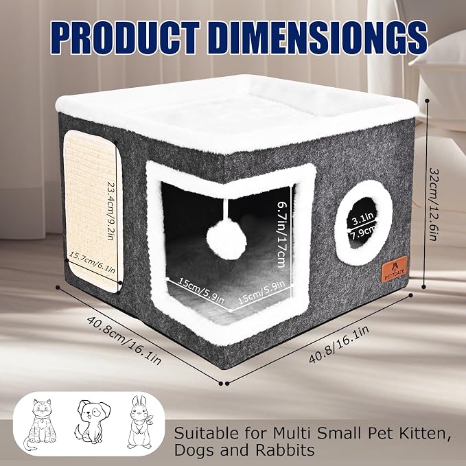 Felt Cat Cave Beds for Indoor Cats, Foldable Cat Hideaway with Scratch Pad and Fluffy Ball, Large Covered Cat House with Reversible Cushion for Multi Small Pet